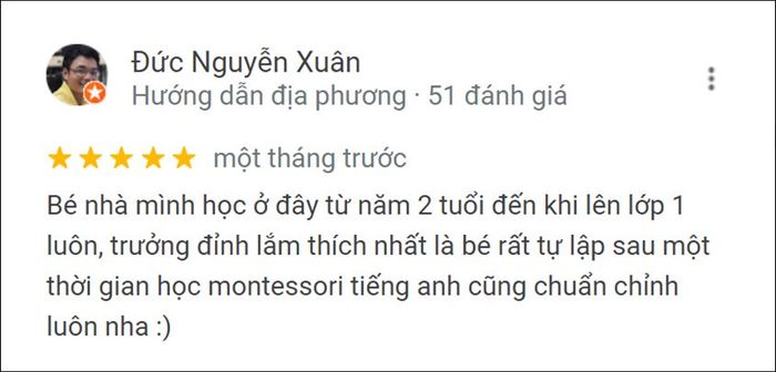 Đánh giá từ phụ huynh về Trường Mầm non Sakura Montessori