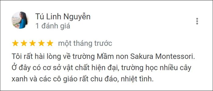 Đánh giá của phụ huynh về Trường học Sakura Montessori