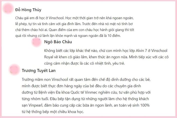 Phản hồi thực tế từ phụ huynh về Trường Mầm non Vinschool Royal City