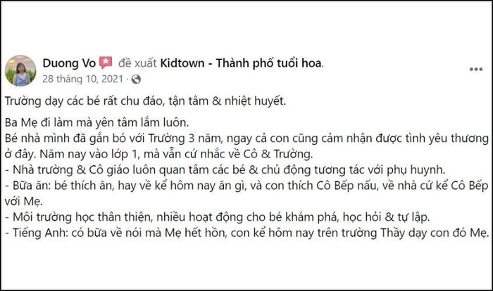 Phản hồi từ phụ huynh về Trường Mầm non Kidtown Kindergarten