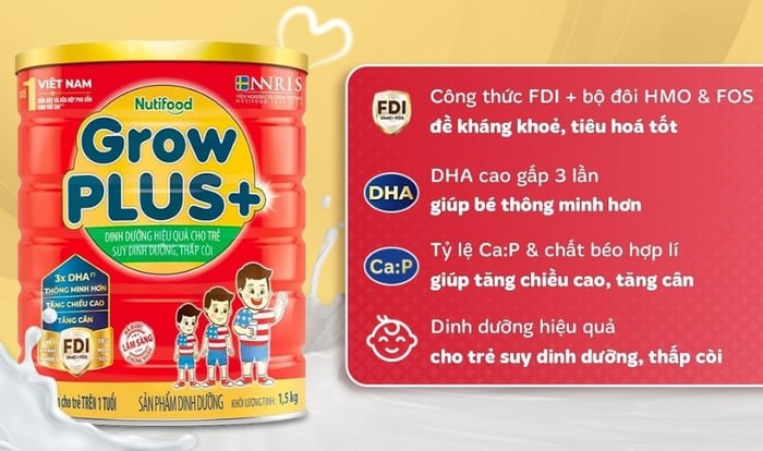 Sữa bột Nutifood GrowPLUS+ đỏ với hương vani, đóng gói 1.5 kg (từ 1 tuổi) được thiết kế đặc biệt cho trẻ suy dinh dưỡng, thấp còi.