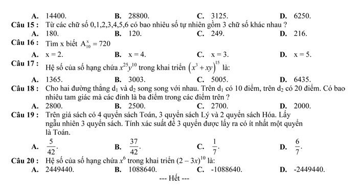 Bài kiểm tra 1 tiết Chương II Đại số lớp 11