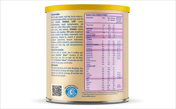 Danh sách thành phần của sữa bầu Similac Mom 400g