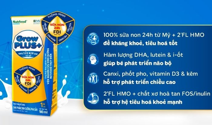 Lốc 4 hộp sữa non pha sẵn Nutifood GrowPLUS+ vàng vị hương vani 180 ml (từ 1 tuổi)