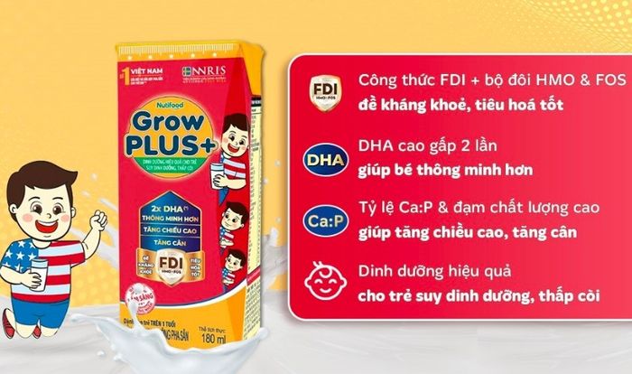 Lốc 4 hộp sữa pha sẵn Nutifood GrowPLUS+ đỏ với hương vani 180 ml dành cho trẻ suy dinh dưỡng, thấp còi (từ 1 tuổi)