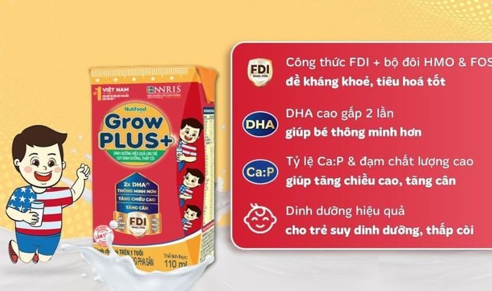 Lốc 4 hộp sữa pha sẵn Nutifood GrowPLUS+ đỏ hương vani 110 ml cho trẻ suy dinh dưỡng, thấp còi (từ 1 tuổi)