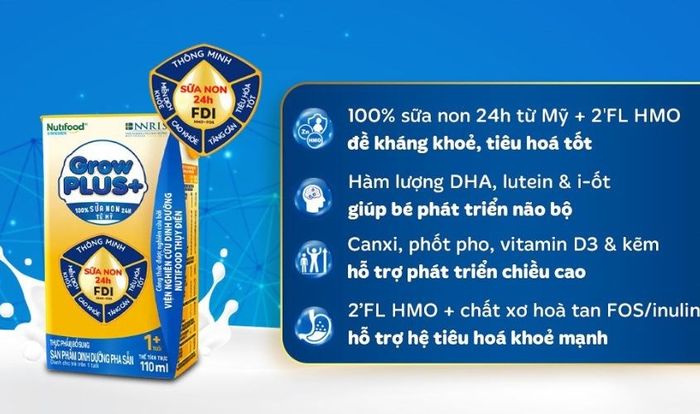 Lốc 4 hộp sữa non pha sẵn NutiFood GrowPLUS+ vàng hương vani 110 ml (từ 1 tuổi)