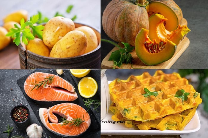 Cách làm bánh waffle cho bé với khoai tây, cá hồi và bí đỏ