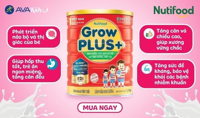 Sữa bột Nutifood GrowPLUS+ vị đỏ hương vani dung tích 1.5 kg (từ 1 tuổi) dành cho trẻ suy dinh dưỡng, thấp còi