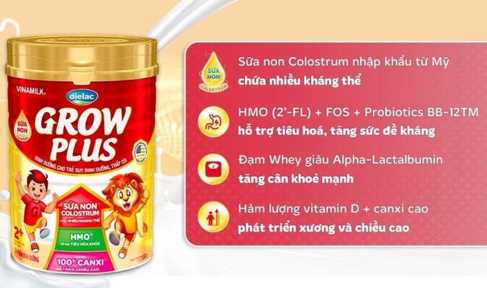 Sữa bột Dielac Grow Plus 2+ (sữa không béo) 850g (dành cho trẻ từ 2 - 10 tuổi) phù hợp cho trẻ suy dinh dưỡng và thấp còi