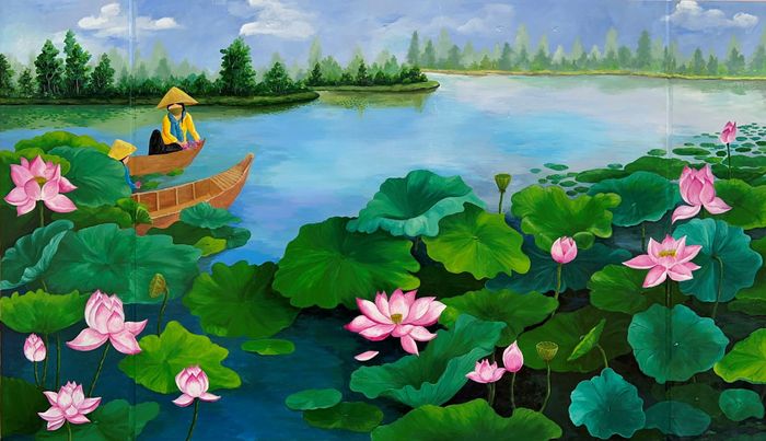 Cánh đồng sen được tái hiện qua bức tranh cực kỳ sinh động.