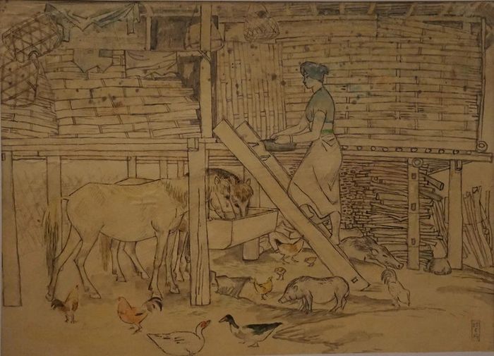 Bức tranh màu nước 'Cho ngựa ăn' do Tô Ngọc Vân sáng tạo trên con đường hành quân đến Điện Biên Phủ - Ảnh: T.ĐIỂU