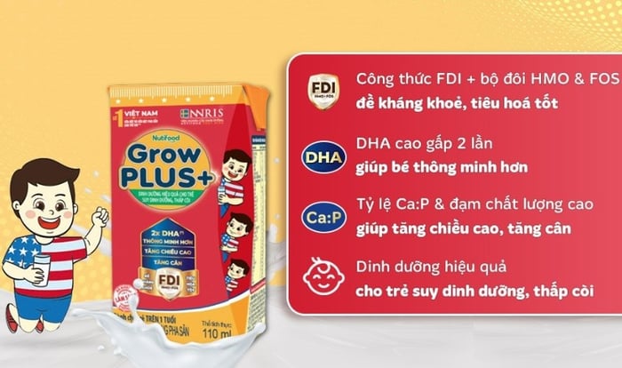 Lốc 4 hộp sữa pha sẵn Nutifood GrowPLUS+ đỏ hương vani 110 ml cho trẻ suy dinh dưỡng, thấp còi (từ 1 tuổi)