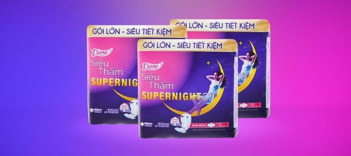 Khám phá ngay băng vệ sinh ban đêm Diana Super Night siêu thấm với cánh, bộ 12 miếng.