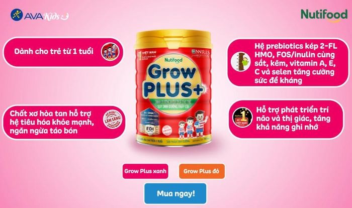 Sữa bột Nutifood GrowPLUS+ đỏ vị vani 900g (từ 1 tuổi) dành cho trẻ suy dinh dưỡng, thấp còi