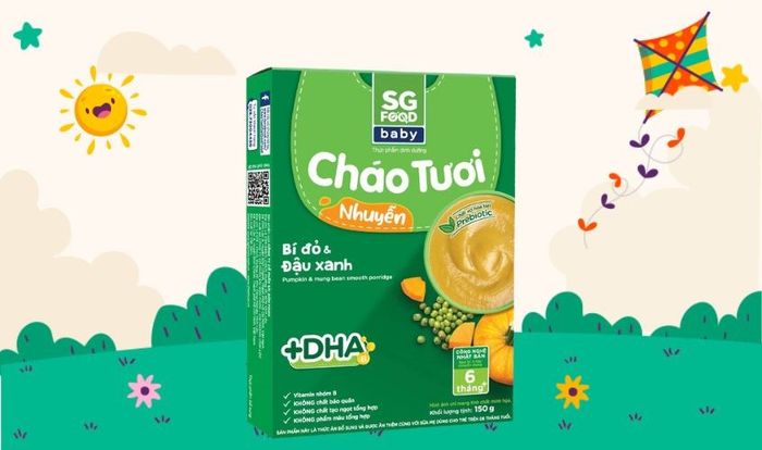 Cháo tươi nhuyễn SG Food Baby vị bí đỏ, đậu xanh, gói 150g, thích hợp từ 6 tháng tuổi trở lên.