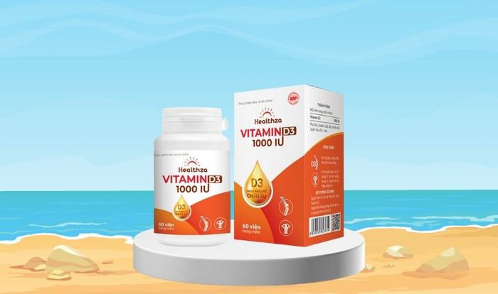 Viên uống Vitamin D3 1000IU Healthza, hỗ trợ hấp thu canxi, gói 60 viên, phù hợp từ 6 tuổi trở lên.