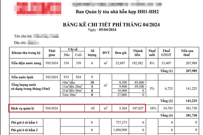 Giá phí dịch vụ tại một dự án nhà ở thương mại ở Hà Nội là 5.346 đồng/m2. Hình ảnh: Trần Tuấn