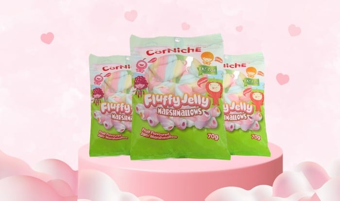 Kẹo xốp marshmallow Corniche Fluffy Jelly hương trái cây gói 70g (dành cho từ 3 tuổi trở lên)