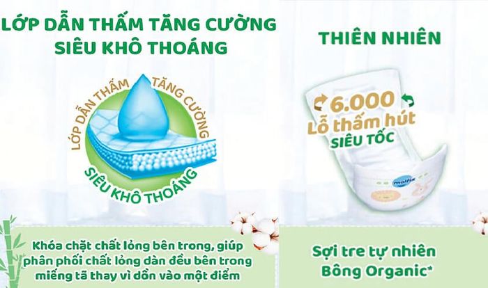 Bề mặt tã được làm từ bông Organic và sợi tre, cùng với 5000 lỗ thấm hút siêu nhanh