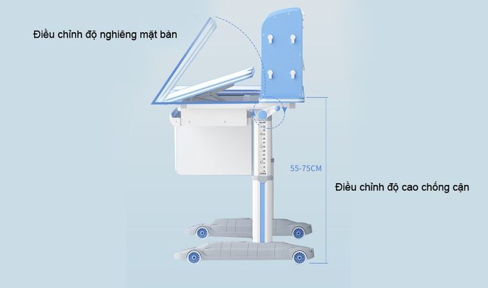 Bàn học thông minh với khả năng điều chỉnh chiều cao linh hoạt giúp giảm nguy cơ cận thị hiệu quả