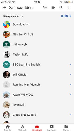 Danh sách các kênh bạn đã theo dõi