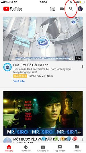 Giao diện chính của Youtube trên iPhone