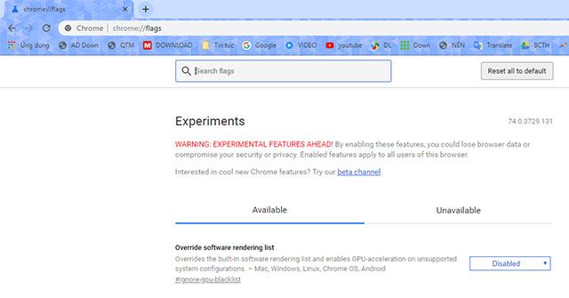 Nhập chrome://flags