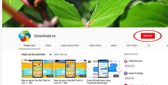Đăng ký kênh bằng cách tìm kiếm trên Youtube