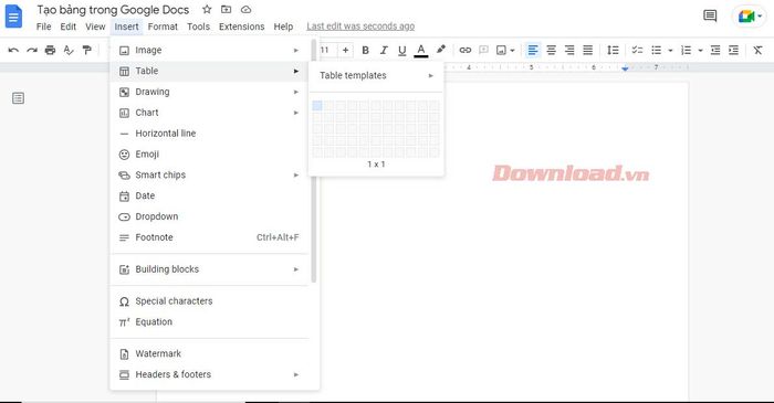 Chèn bảng vào Google Docs