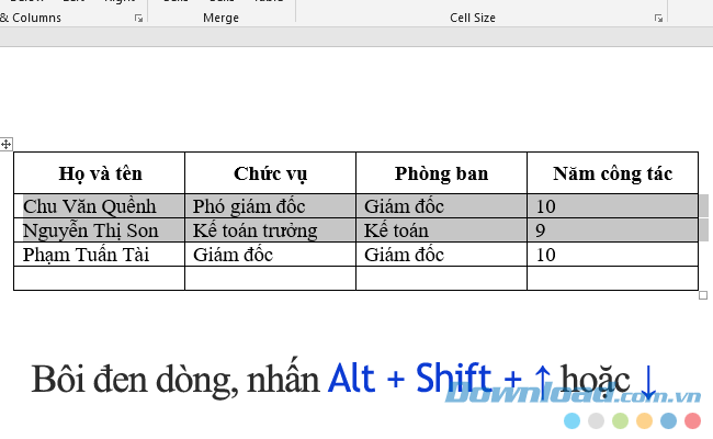 Di chuyển hàng trong bảng Word bằng phím tắt