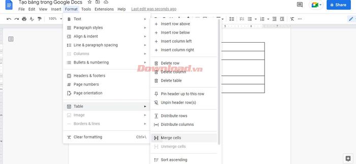 Gộp ô trong bảng Google Docs