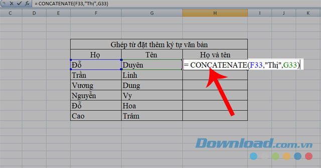 Công thức nối các chuỗi ký tự có thêm ký tự văn bản