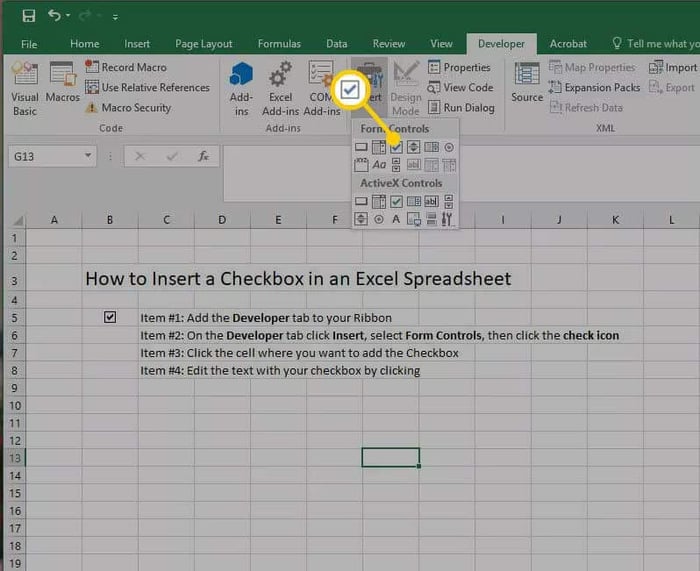 Chèn checkbox một cách đơn giản trong Excel