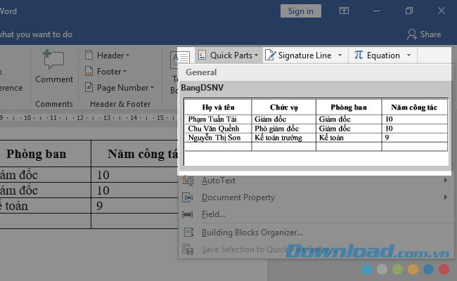 Gọi lại định dạng bảng đã lưu trong Word