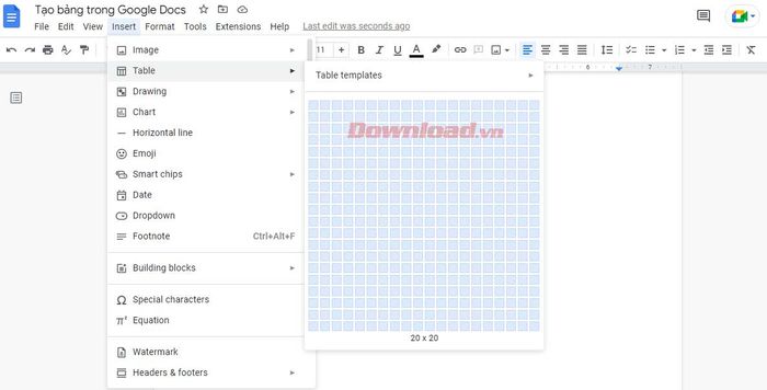 Chọn số ô và hàng cho bảng trong Google Docs