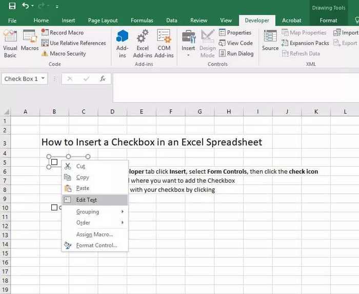 Chỉnh sửa checkbox trong Excel