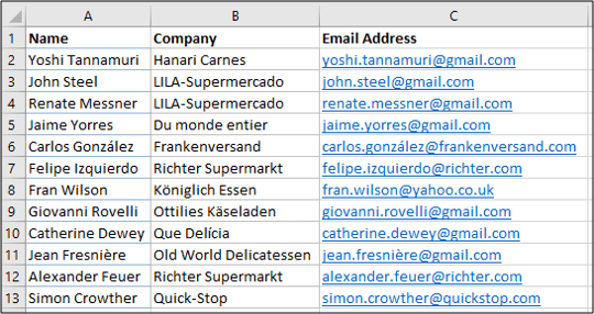 Danh sách liên lạc trên Excel