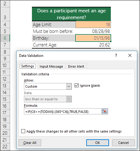 Ví dụ 3 về các công thức trong xác thực dữ liệu ở Excel