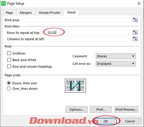 Hoàn tất việc lặp lại tiêu đề trong Excel