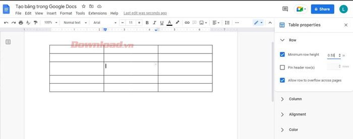 Tab cột trong Google Docs