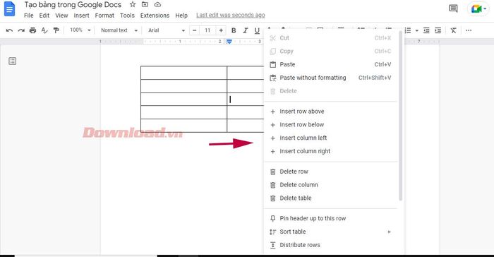 Thêm cột và hàng vào Google Docs