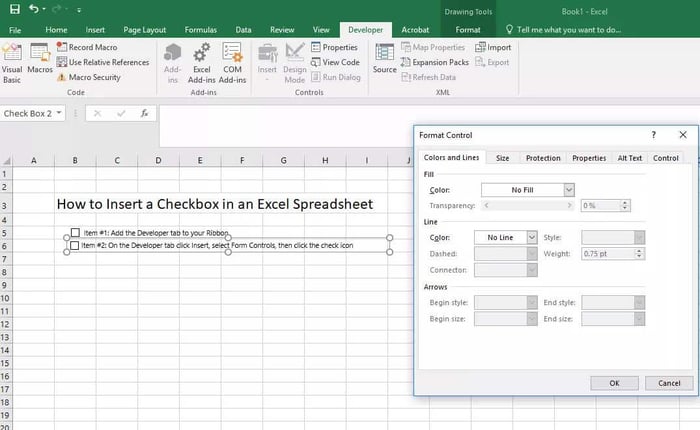 Các tùy chọn của checkbox trong Excel