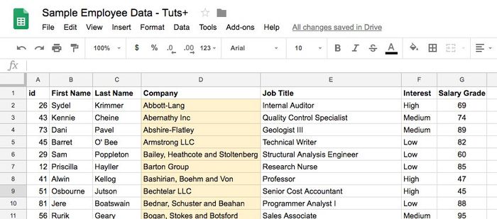 Bảng tính sau khi sử dụng công cụ phân loại của Google Sheets