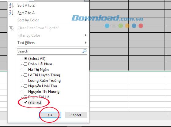 Tìm kiếm các dòng trống trên bảng tính Excel