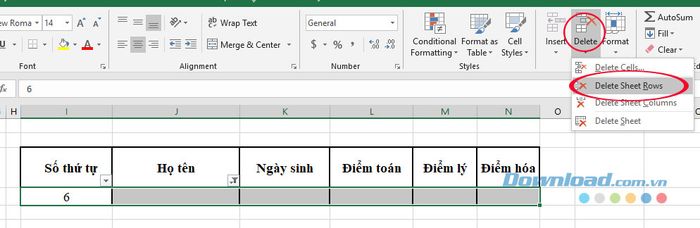 Thực hiện xóa các dòng trống trên bảng tính Excel