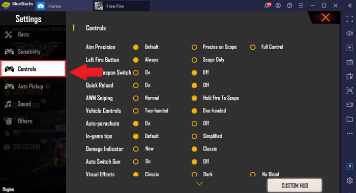 Lựa chọn Controls trong bảng cài đặt