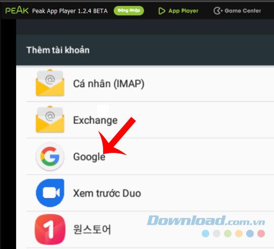 Chọn đăng nhập GTV Peak Player bằng tài khoản Google