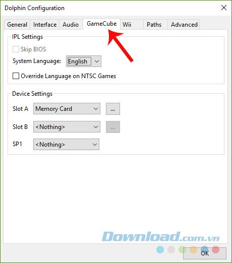 Giao diện thiết lập chơi game GameCube