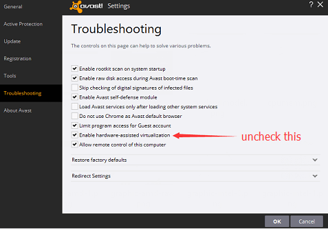 Bỏ tích chọn này để khắc phục xung đột VT với phần mềm Avast